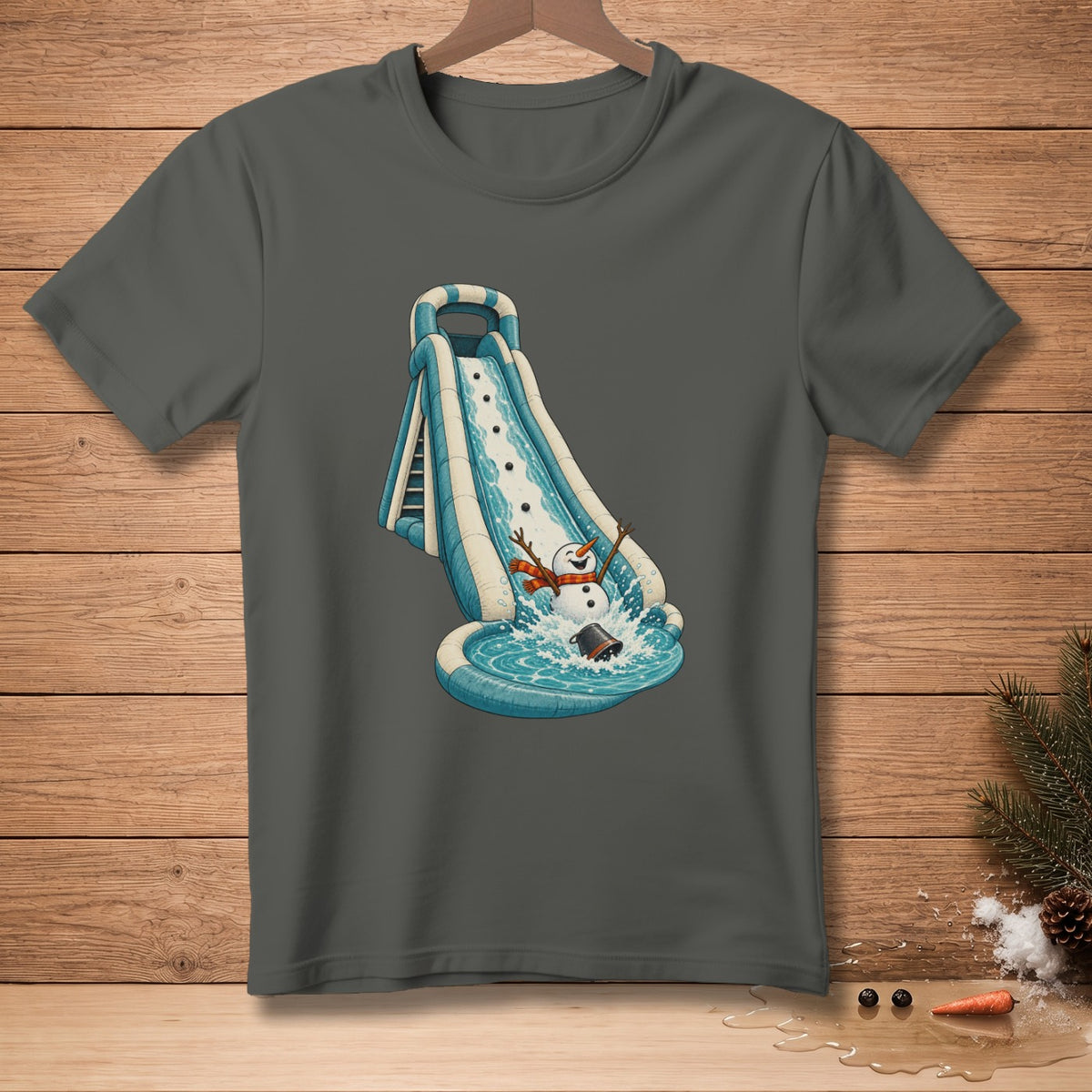 Snowman sliding down a water slide into a pool splashing water.