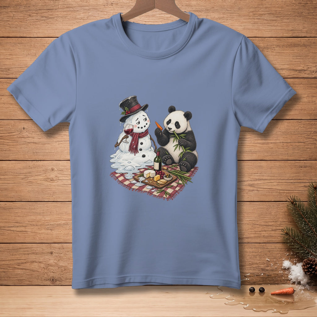 Panda and melting snowman having a picnic with cheese, wine, and carrots.