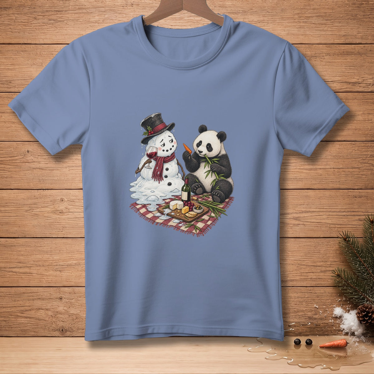 Panda and melting snowman having a picnic with cheese, wine, and carrots.