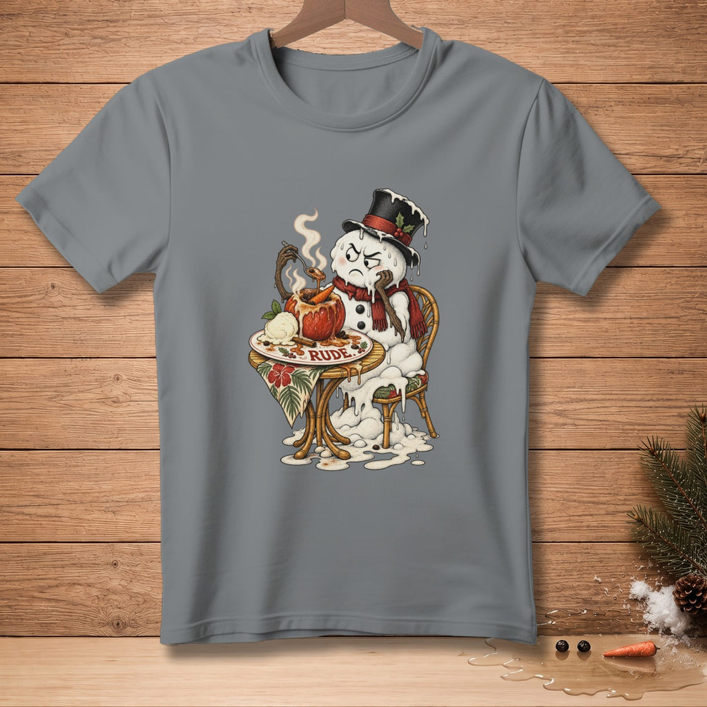 Melting snowman with a grumpy expression sits at a table with a bowl of food.