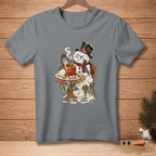Melting snowman with a grumpy expression sits at a table with a bowl of food.