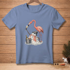 Flamingo and melting snowman with wine bucket and glass on t-shirt.