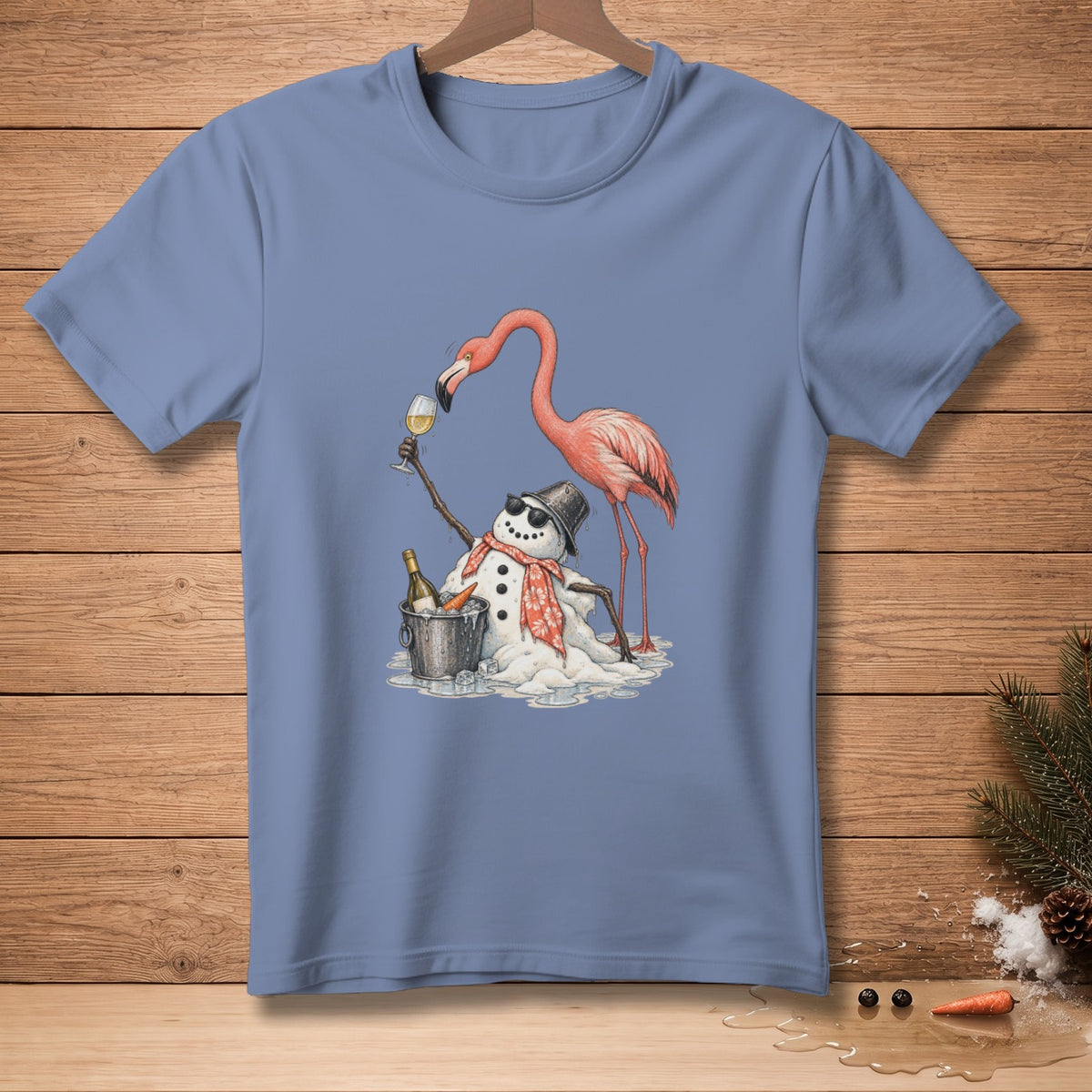 Flamingo and melting snowman with wine bucket and glass on t-shirt.