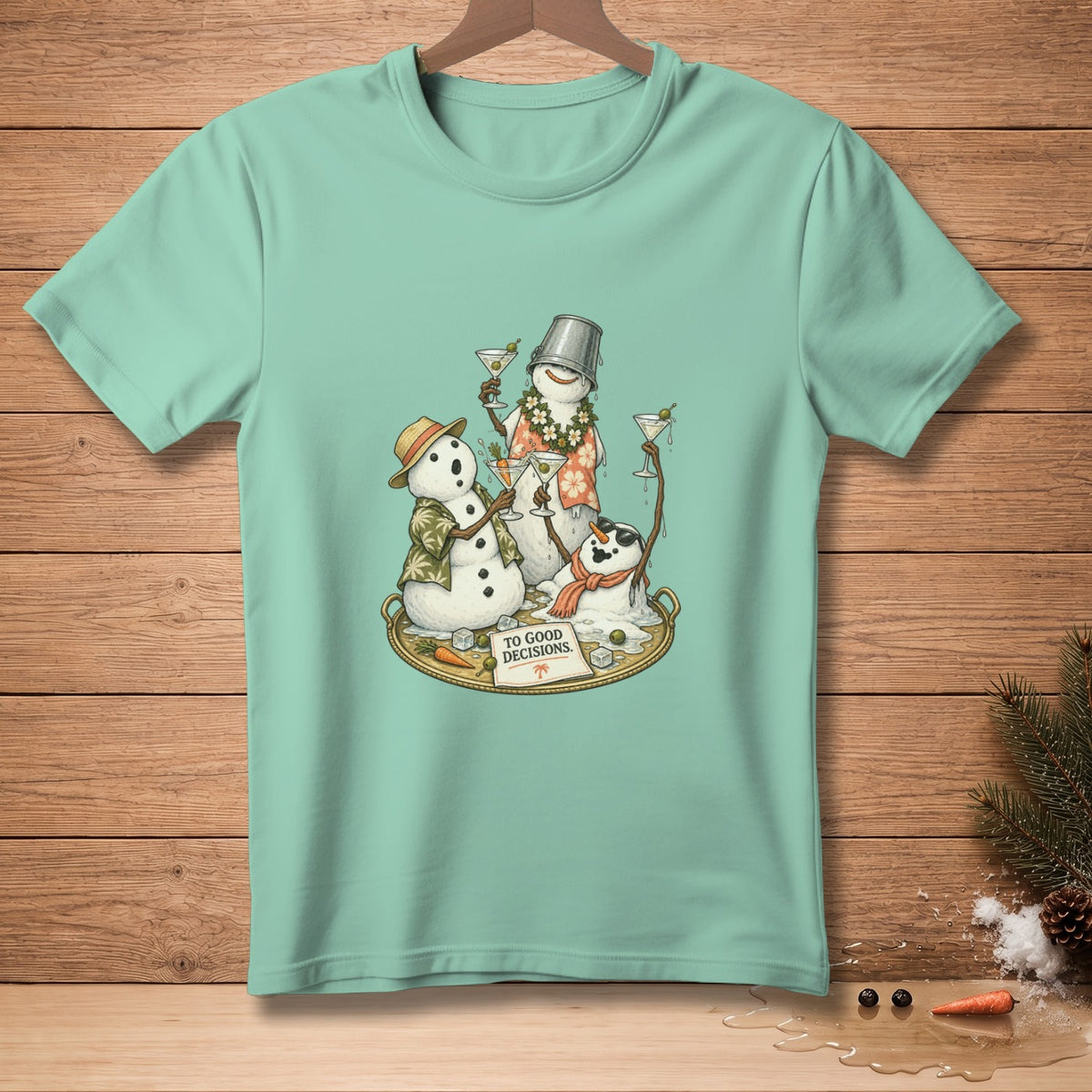 Three snowmen enjoying cocktails on a tray with text that reads "TO GOOD DECISIONS."