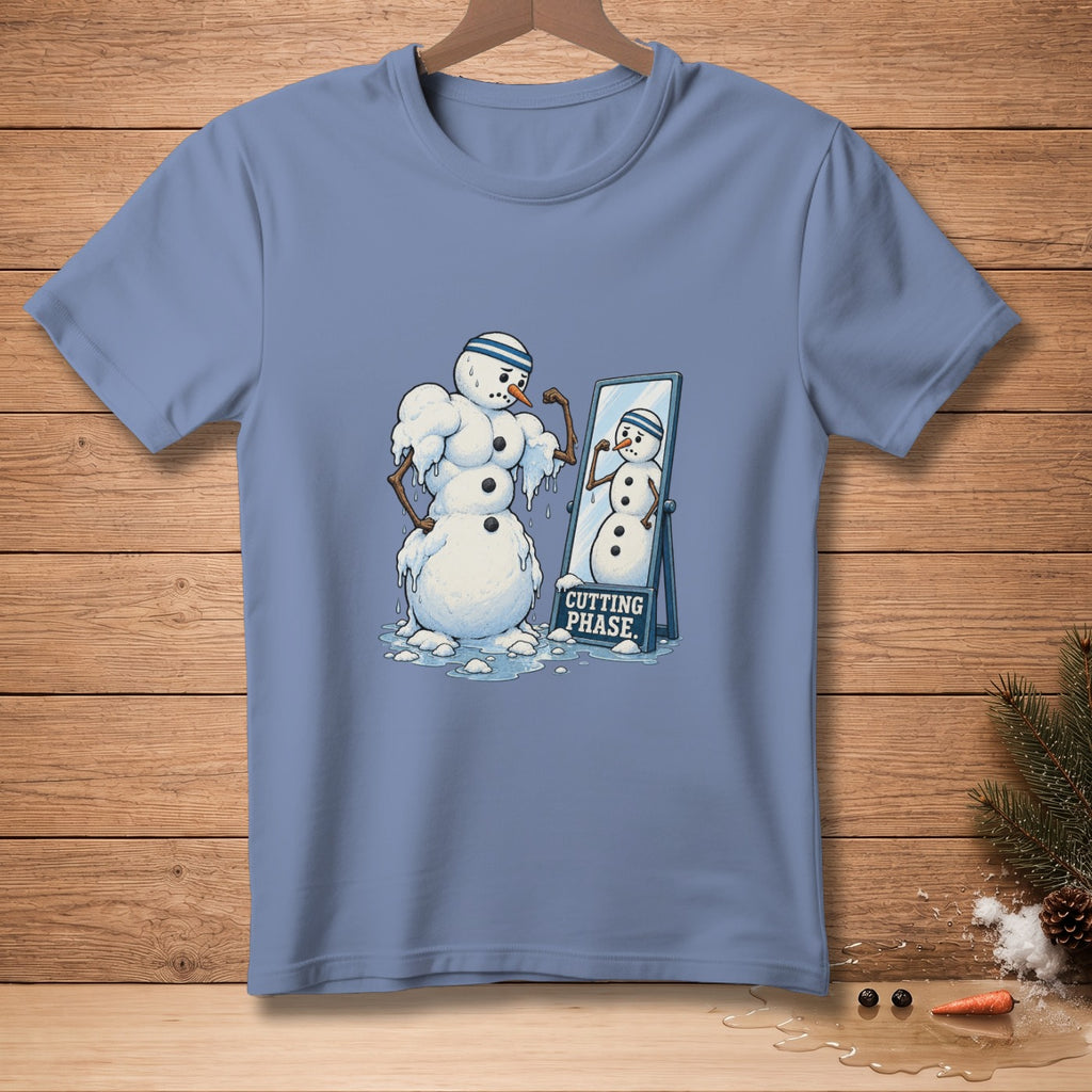 Snowman flexing in mirror with "CUTTING PHASE" text on a blue t-shirt.