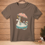Unicorn floating on an inflatable with an umbrella, wearing sunglasses, text "THOUGHTFUL."