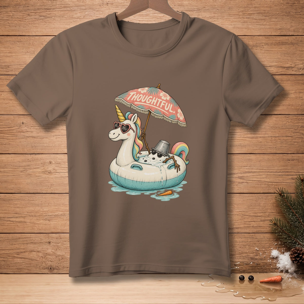 Unicorn floating on an inflatable with an umbrella, wearing sunglasses, text "THOUGHTFUL."