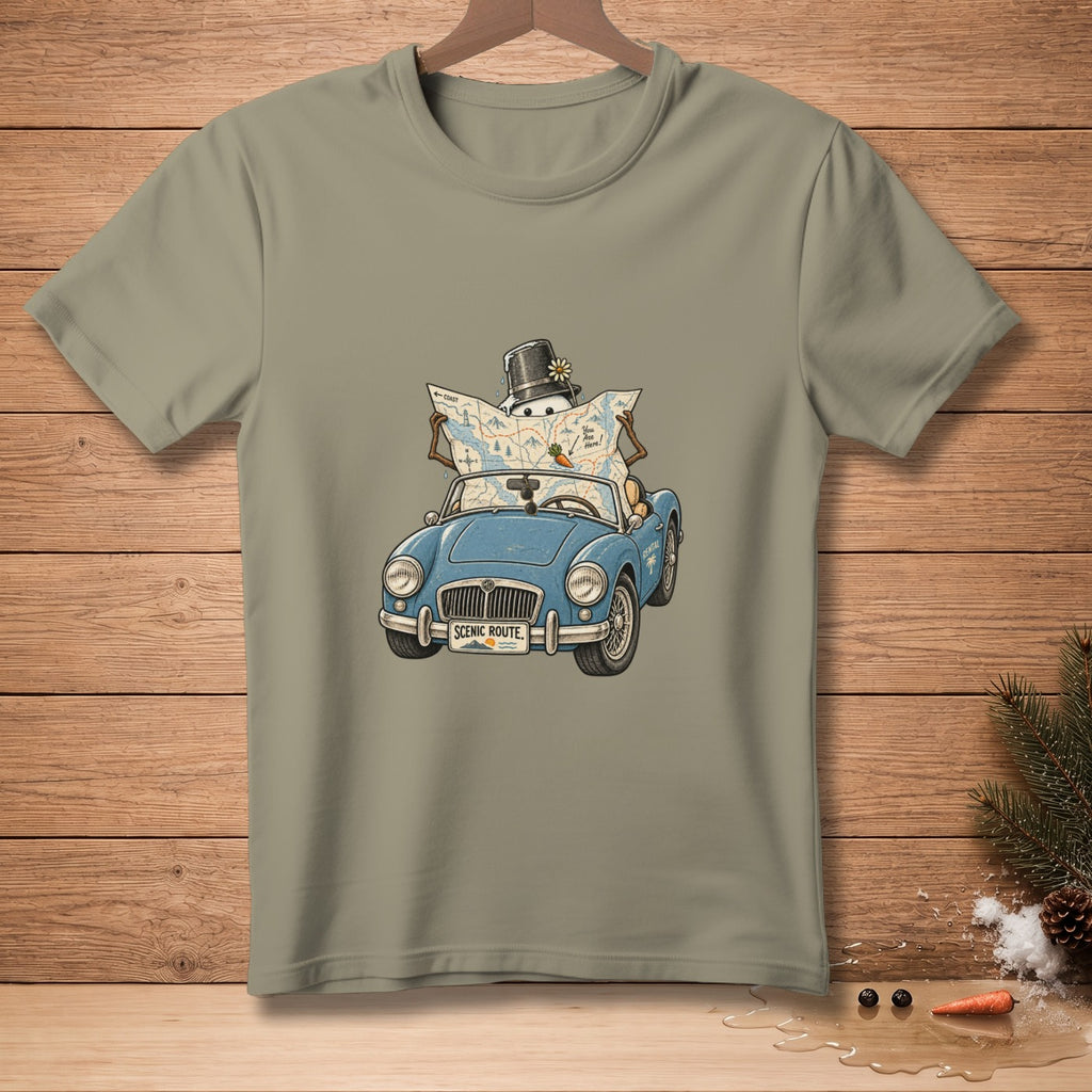 Snowman in top hat driving a blue convertible, reading a map with "You Are Here!"