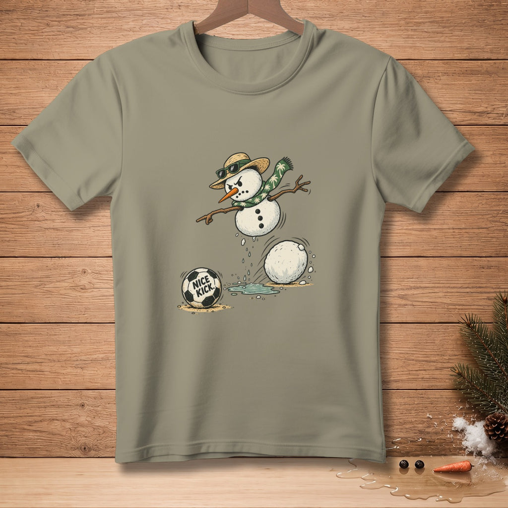 Snowman wearing sunglasses and scarf kicking soccer ball with "NICE KICK" text.
