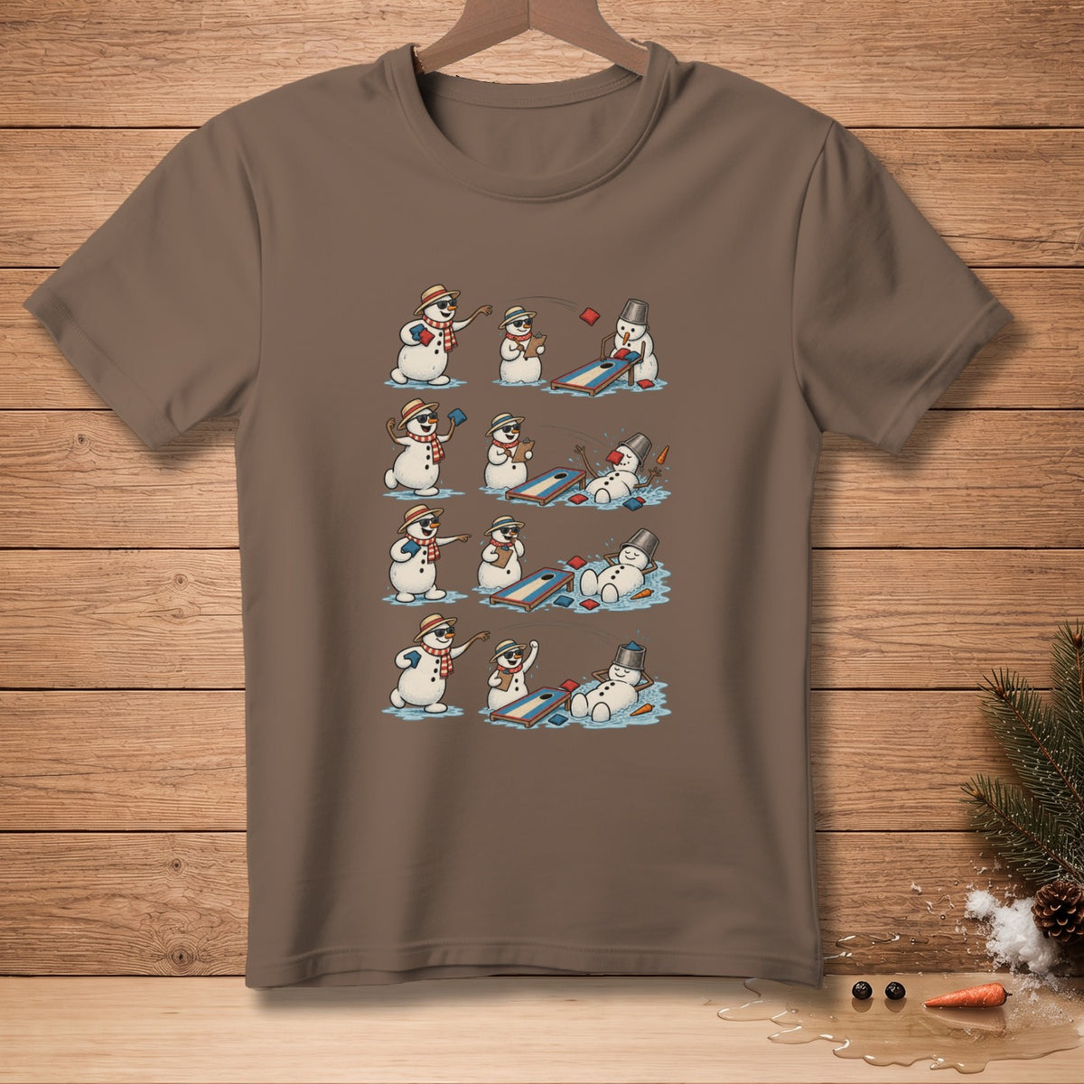 Snowmen playing cornhole across four sequential scenes, melting into the ground.