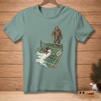 Bigfoot plays badminton against a melting snowman on a court.
