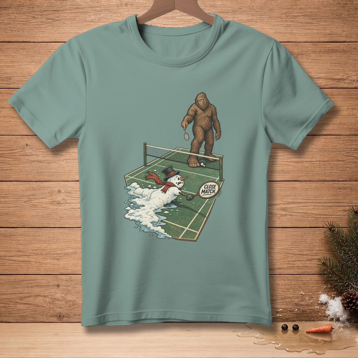 Bigfoot plays badminton against a melting snowman on a court.