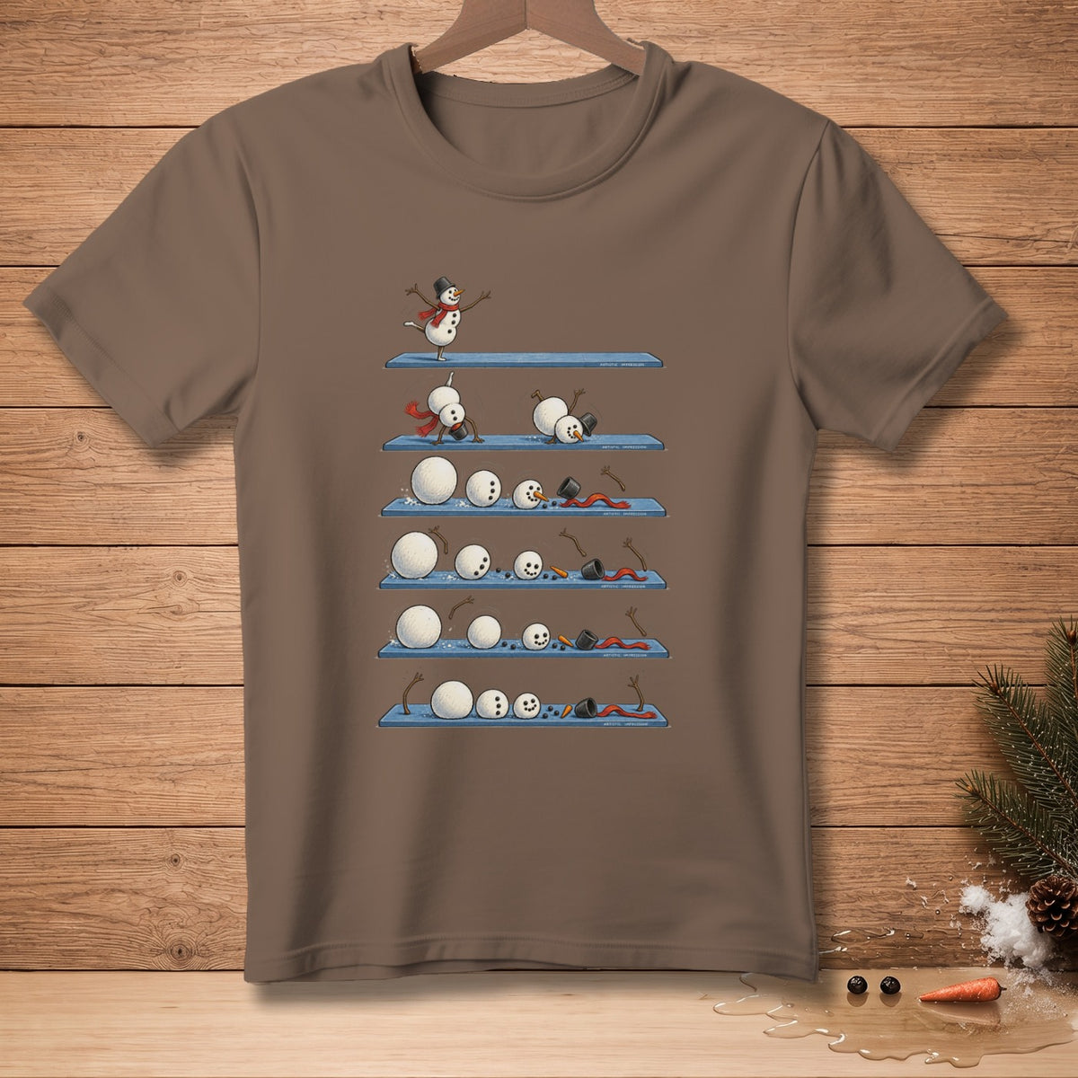 Illustration of snowmen building their bodies on blue shelves with a single snowman at the top.