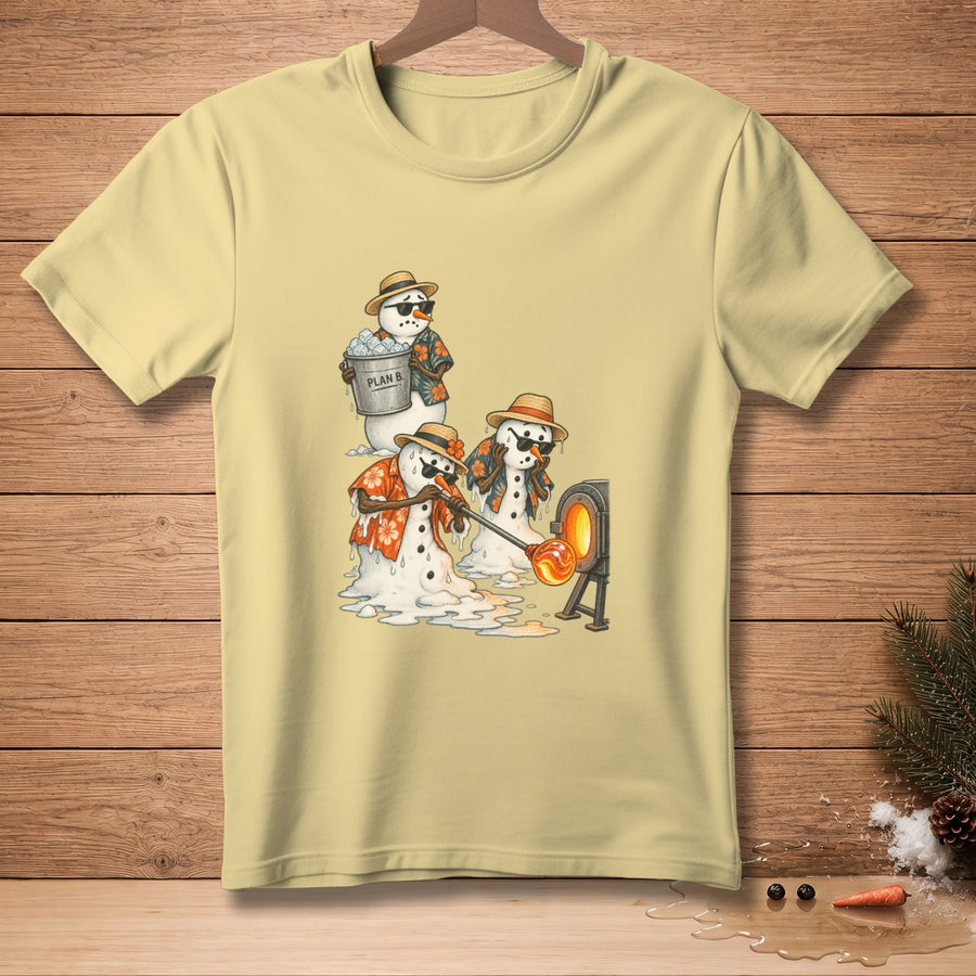 Melting snowmen in Hawaiian shirts glassblow near a furnace, one holding a bucket labeled "Plan B."