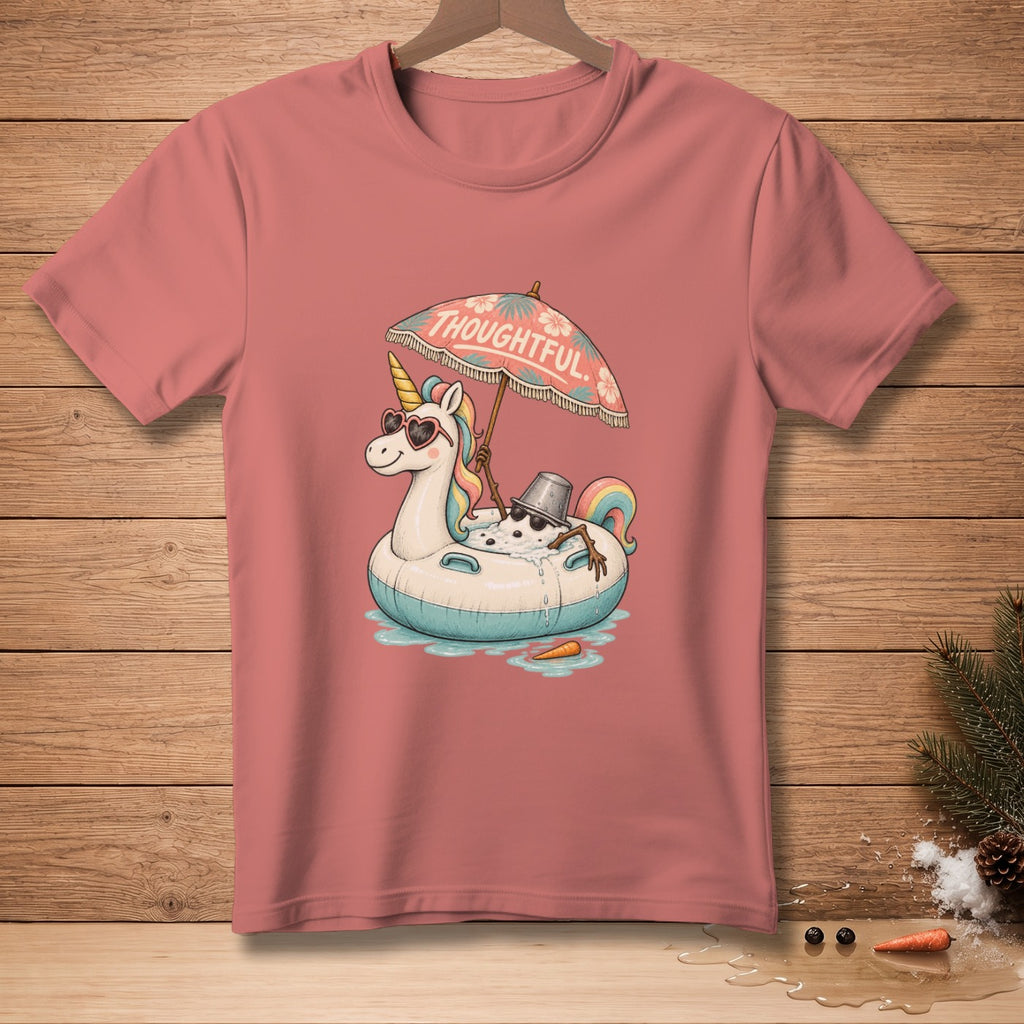 Unicorn in inner tube under umbrella with text THOUGHTFUL.