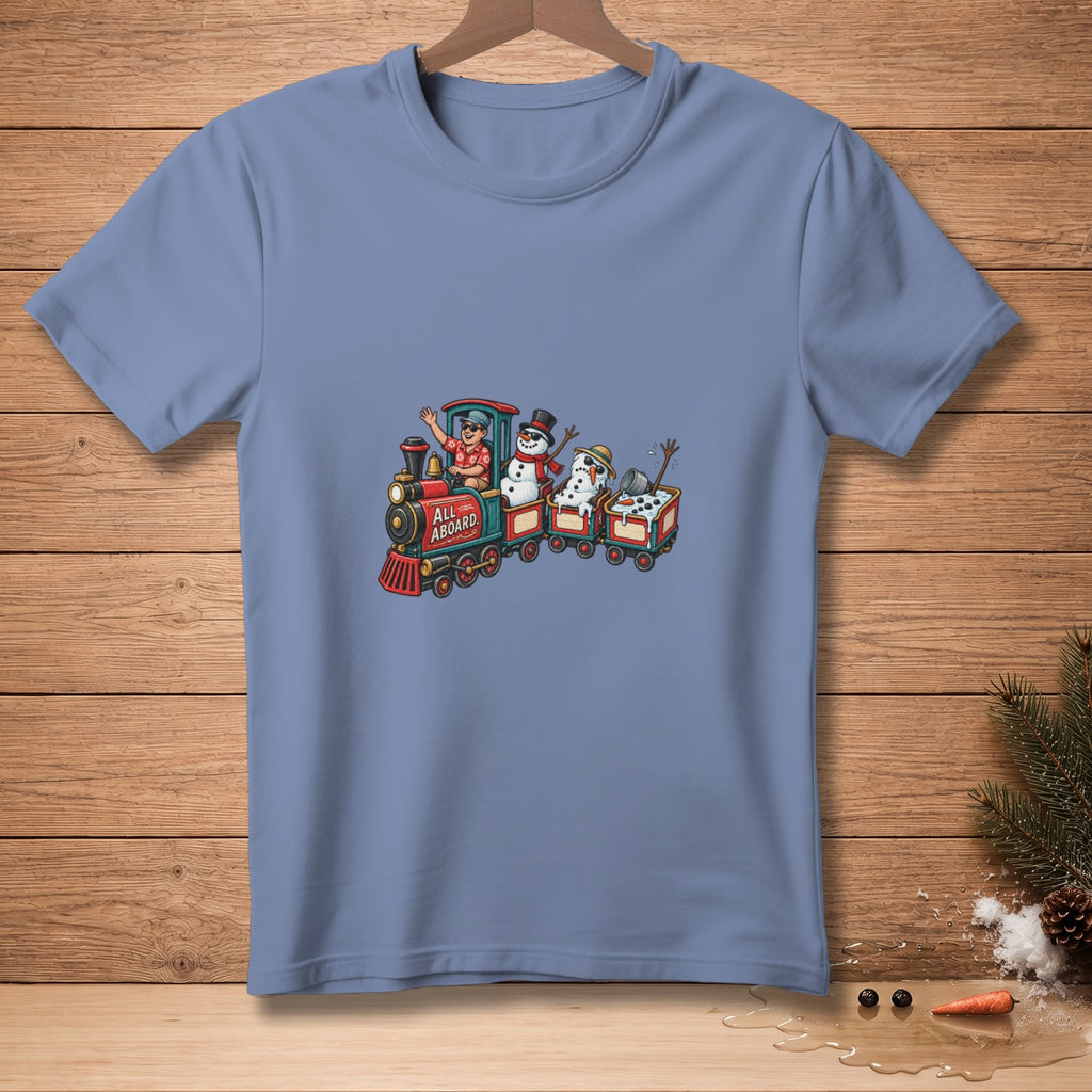 Blue t-shirt with "All Aboard" train graphic featuring a driver and snowmen.