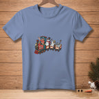 Blue t-shirt with "All Aboard" train graphic featuring a driver and snowmen.