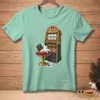 Melting snowman on stool in front of slot machine with snowflakes and carrots.