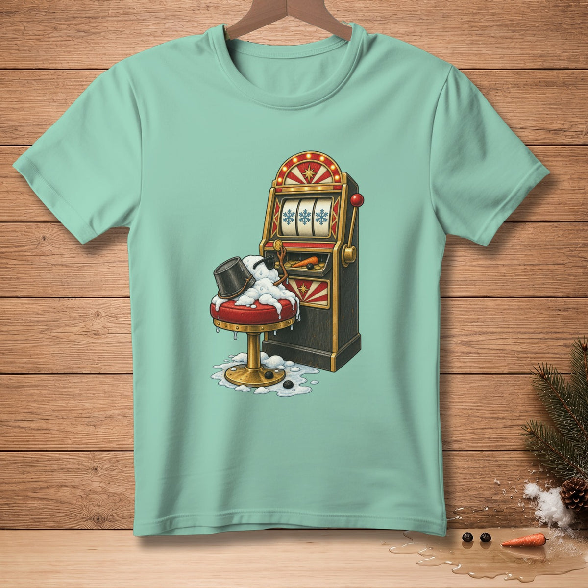 Melting snowman on stool in front of slot machine with snowflakes and carrots.