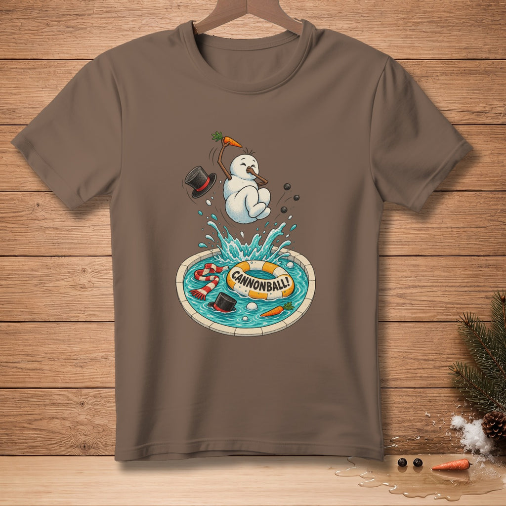 Snowman with carrot cannonballs into a pool with a "CANNONBALL!" life preserver.