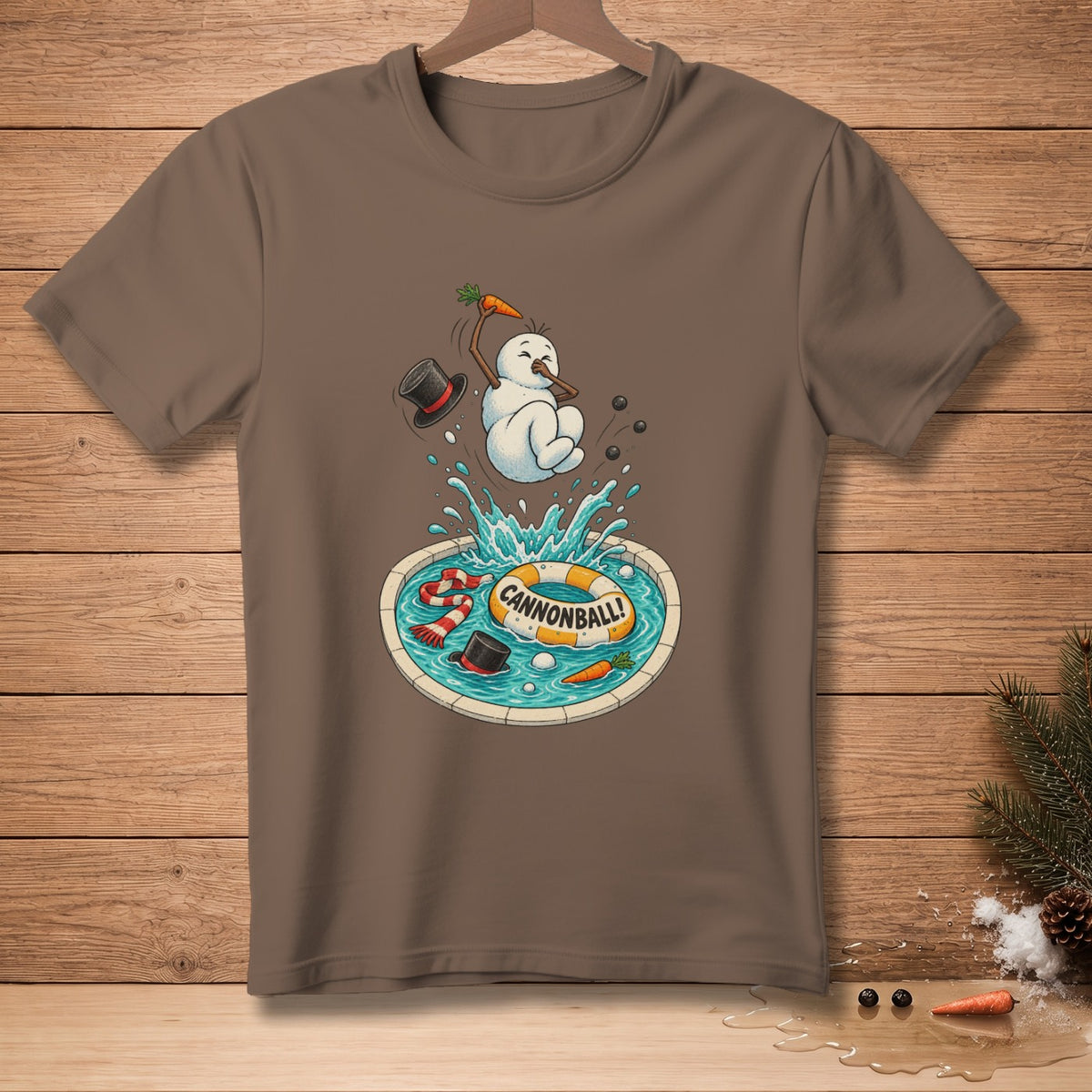 Snowman with carrot cannonballs into a pool with a "CANNONBALL!" life preserver.