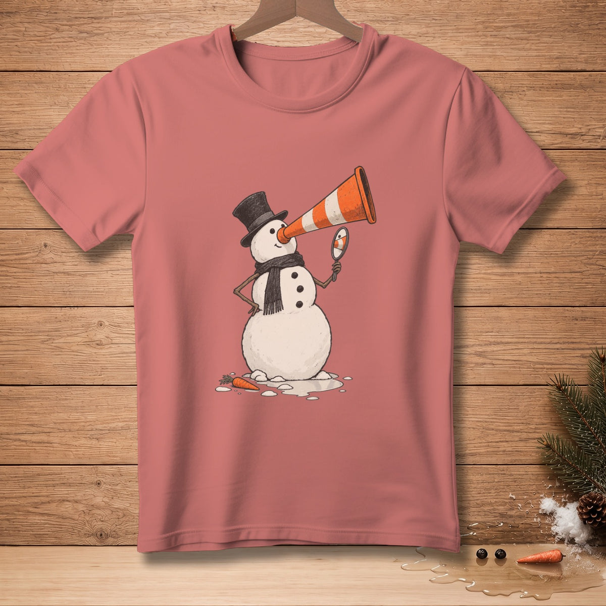 Snowman with traffic cone nose looking in a mirror.