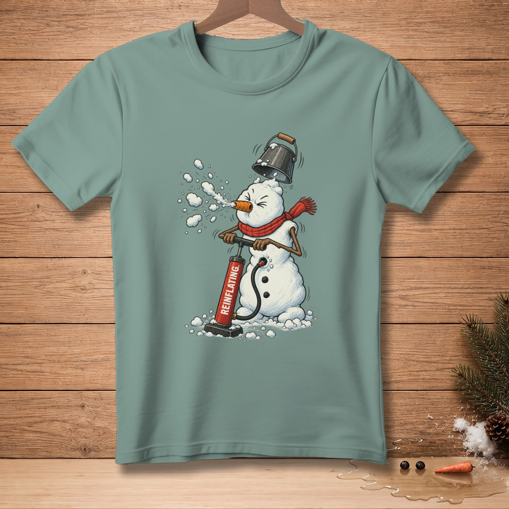 Snowman wearing a scarf, being reinflated by a pump with "REINFLATING." text.