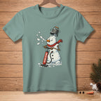 Snowman wearing a scarf, being reinflated by a pump with "REINFLATING." text.