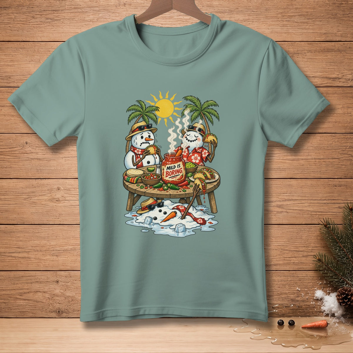 Two snowmen eat tacos in the sun with a jar labeled "Mild is Boring."