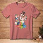 Snowman melting while making snow cones, holding a colorful drink.
