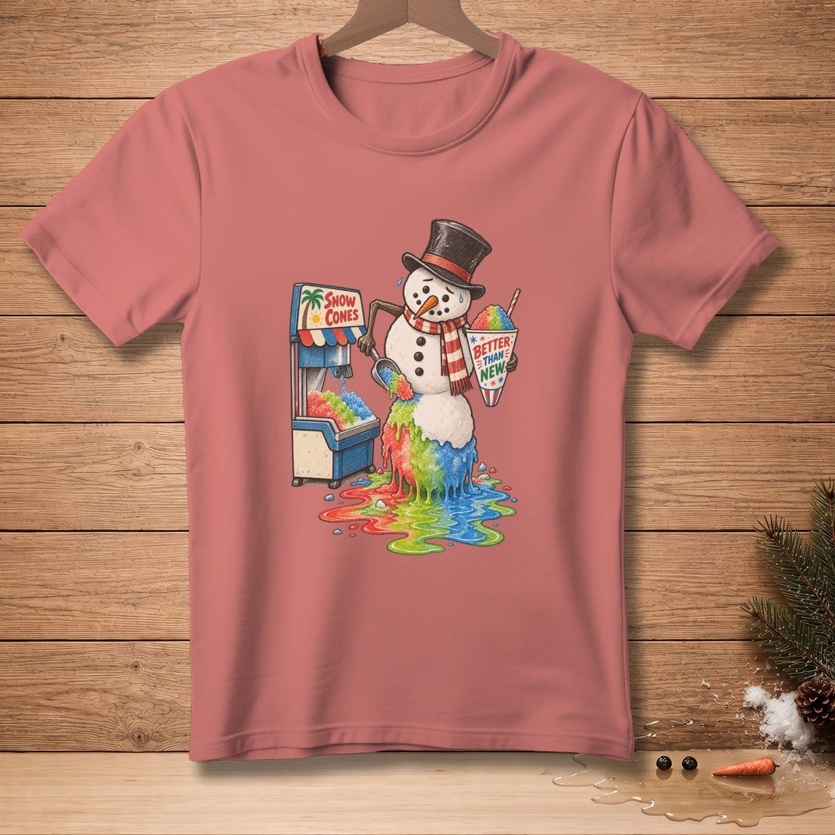 Snowman melting while making snow cones, holding a colorful drink.