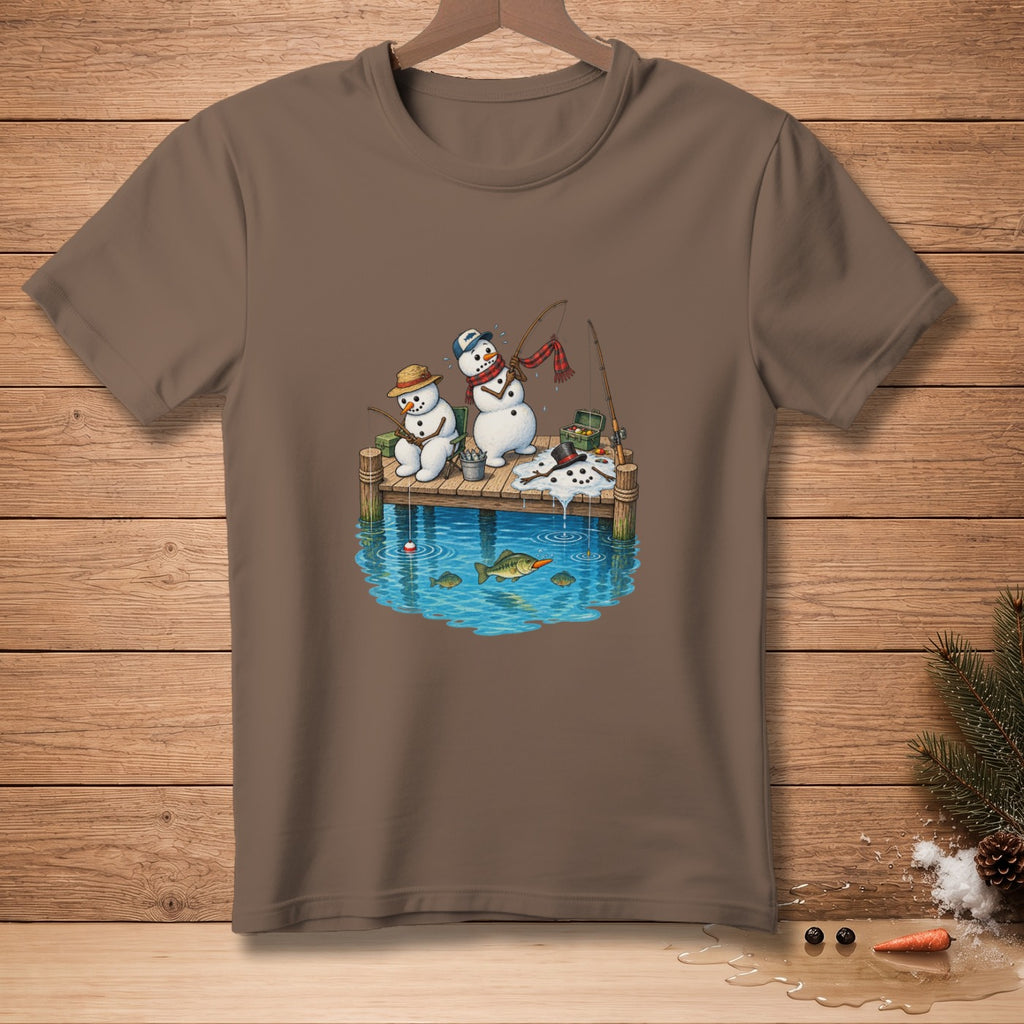 Three snowmen fishing on a wooden pier with fish swimming in the water below.
