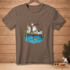 Three snowmen fishing on a wooden pier with fish swimming in the water below.