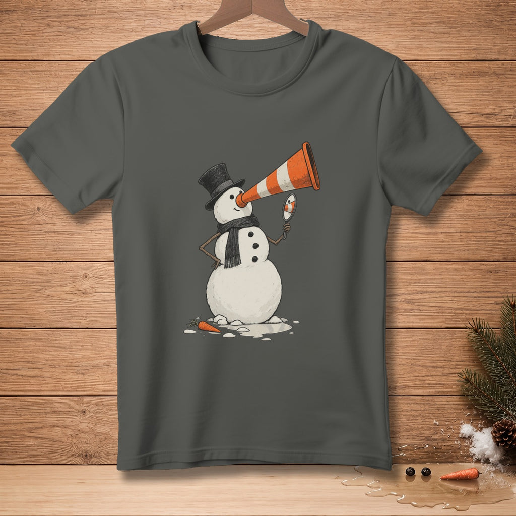 Snowman with top hat and scarf looks in mirror holding traffic cone spyglass.