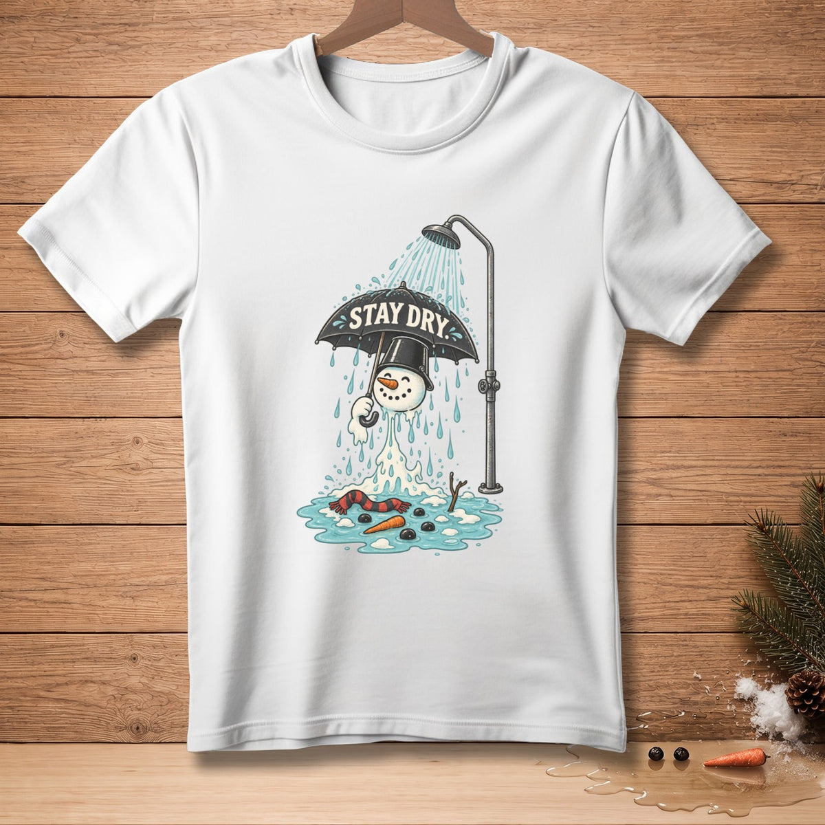 Snowman under shower holding umbrella with "STAY DRY" text, melting in puddle.