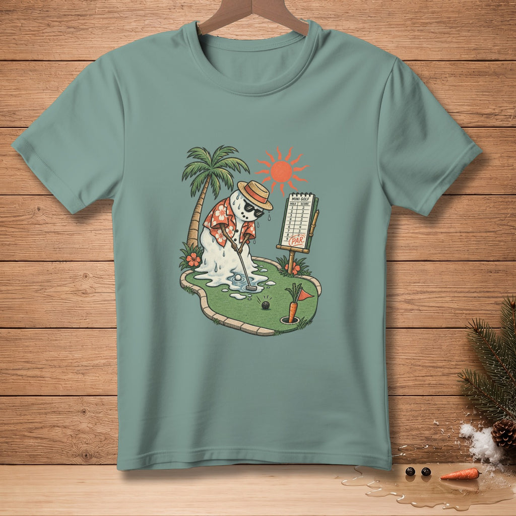Melting snowman plays mini golf in a Hawaiian shirt and straw hat.