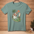 Melting snowman plays mini golf in a Hawaiian shirt and straw hat.