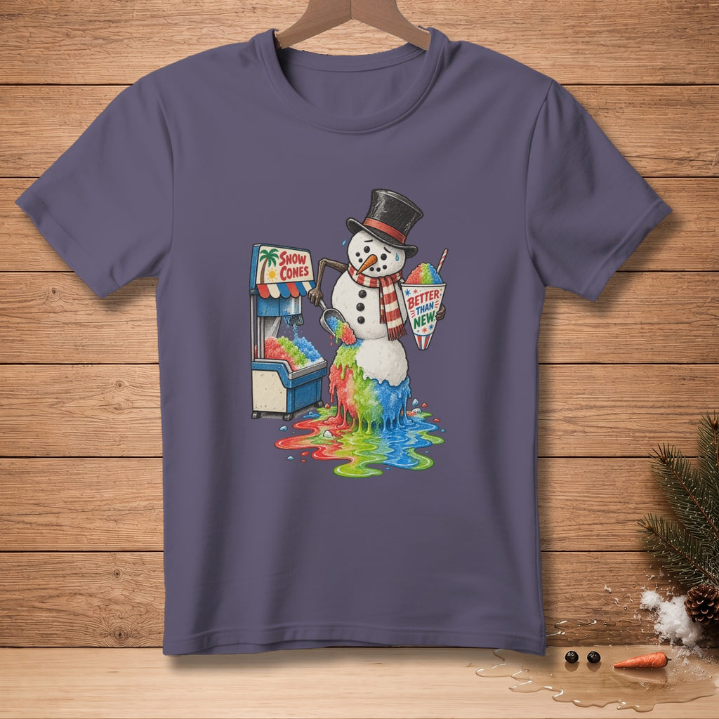 Melting snowman at a snow cone stand with "Better Than New" cup.