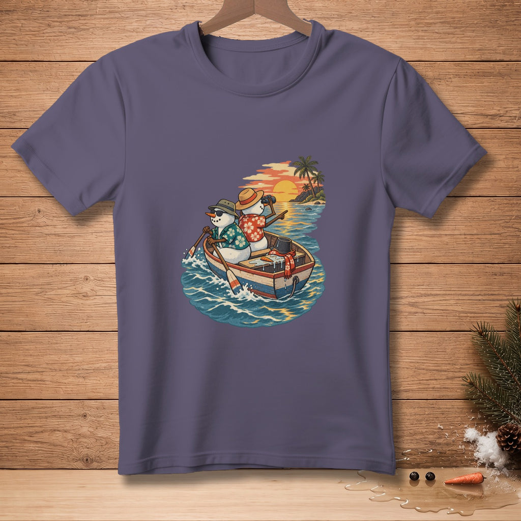 Two snowmen in a boat rowing toward a tropical island at sunset.