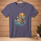Two snowmen in a boat rowing toward a tropical island at sunset.