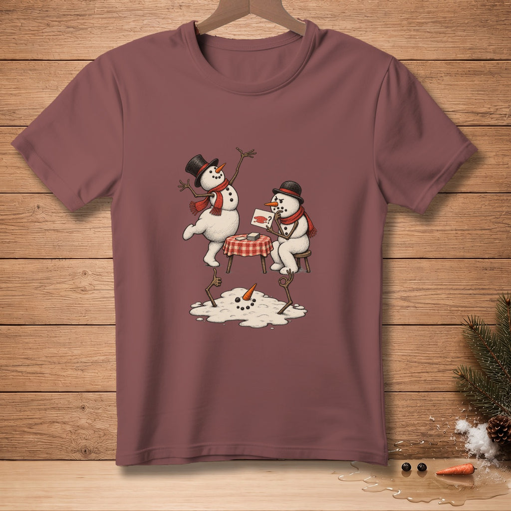 Snowmen in top hats dance and play cards near a melting snowman.
