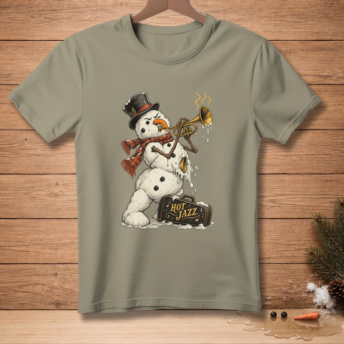 Melting snowman wearing a hat and scarf plays trumpet with "Hot Jazz" suitcase.