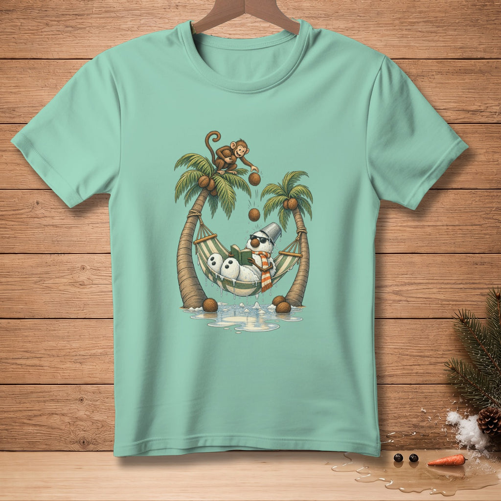 Snowman in hammock under palm trees with monkey dropping coconuts.