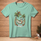 Snowman in hammock under palm trees with monkey dropping coconuts.