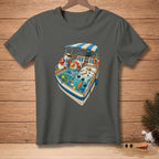 Two snowmen on a boat with fish and carrots under a blue striped awning.