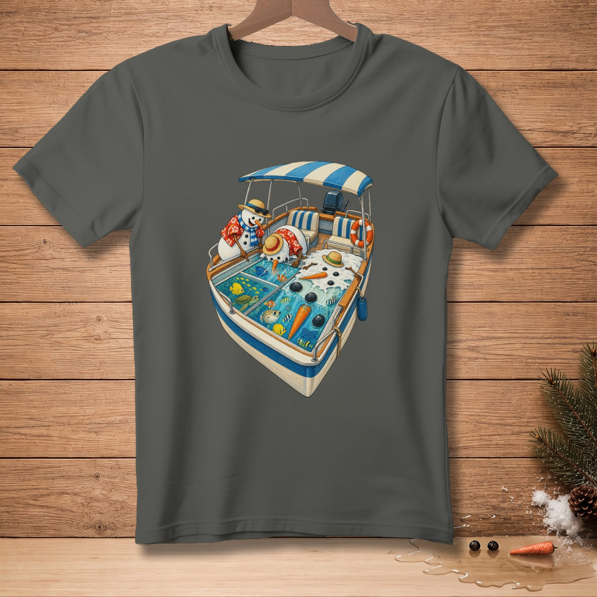 Two snowmen on a boat with fish and carrots under a blue striped awning.