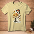 Snowman eating loaded baked potato with text "LOADED" on pale yellow t-shirt.