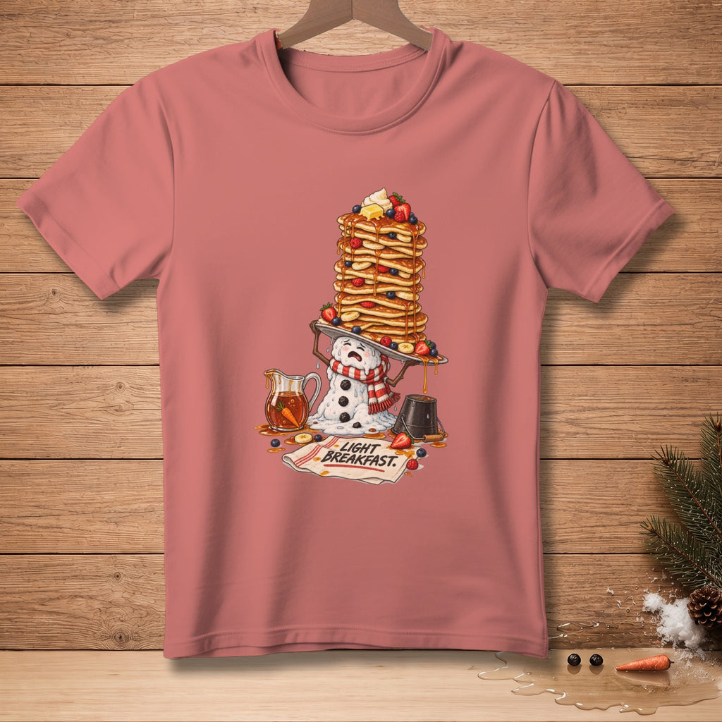 Snowman struggling to hold a huge stack of pancakes with syrup and fruit.