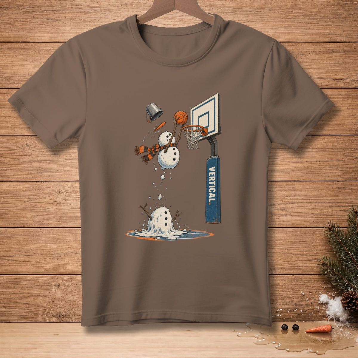 Snowman melting after missing a basketball dunk, with "VERTICAL." text on the hoop post.