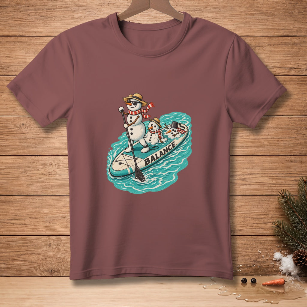 Two snowmen paddleboarding with the word BALANCE on the board.